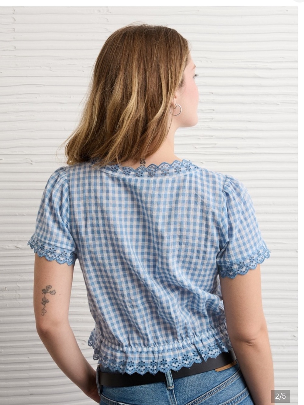 American Eagle blue gingham Lace trim button front Top - Picture 2 of 3